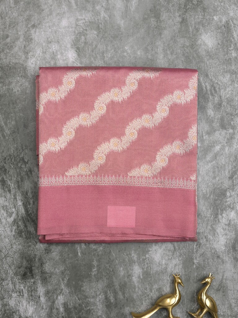 Organza tissue fancy saree light pink color allover stripes & small kaddi border with short pallu and attached blouse