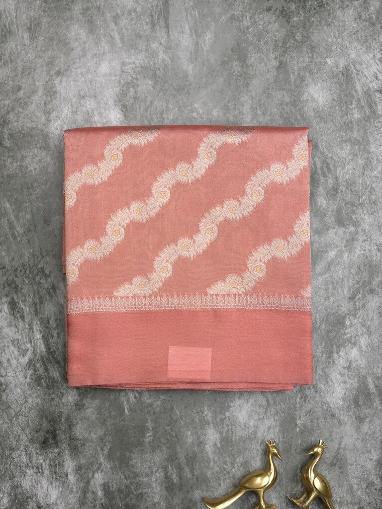 Organza tissue fancy saree peach color allover stripes & small kaddi border with short pallu and attached blouse