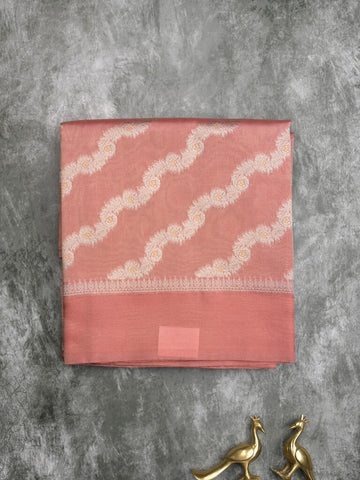 Organza tissue fancy saree peach color allover stripes & small kaddi border with short pallu and attached blouse