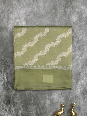 Organza tissue fancy saree light olive green color allover stripes & small kaddi border with short pallu and attached blouse