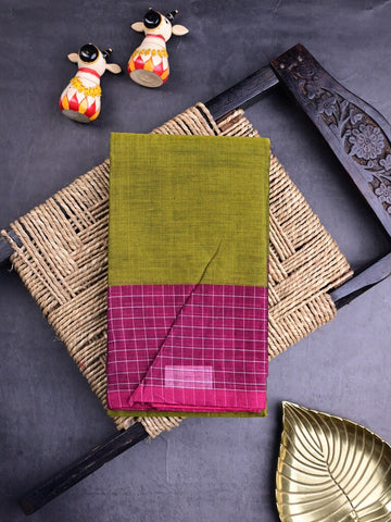 Dhaka cotton saree olive green color allover plain & checks border with contrast pallu and attached blouse