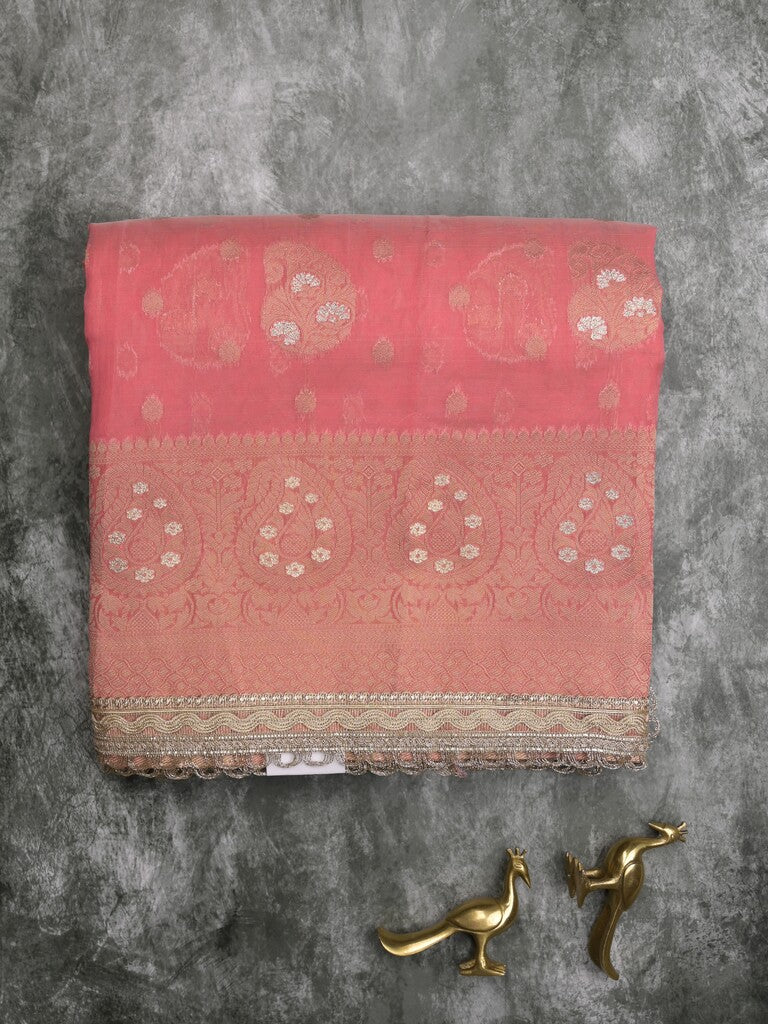 Chanderi kora fancy saree light pink color allover zari motifs & zari embroidery border with zari pallu and plain blouse