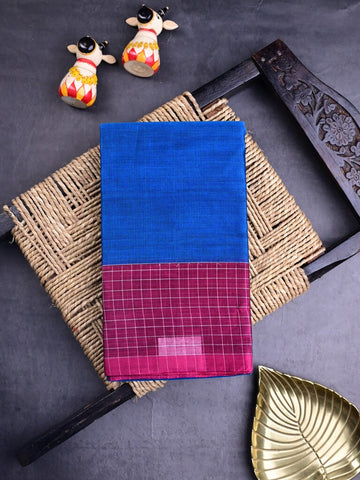 Dhaka cotton saree royal blue color allover plain & checks border with contrast pallu and attached blouse