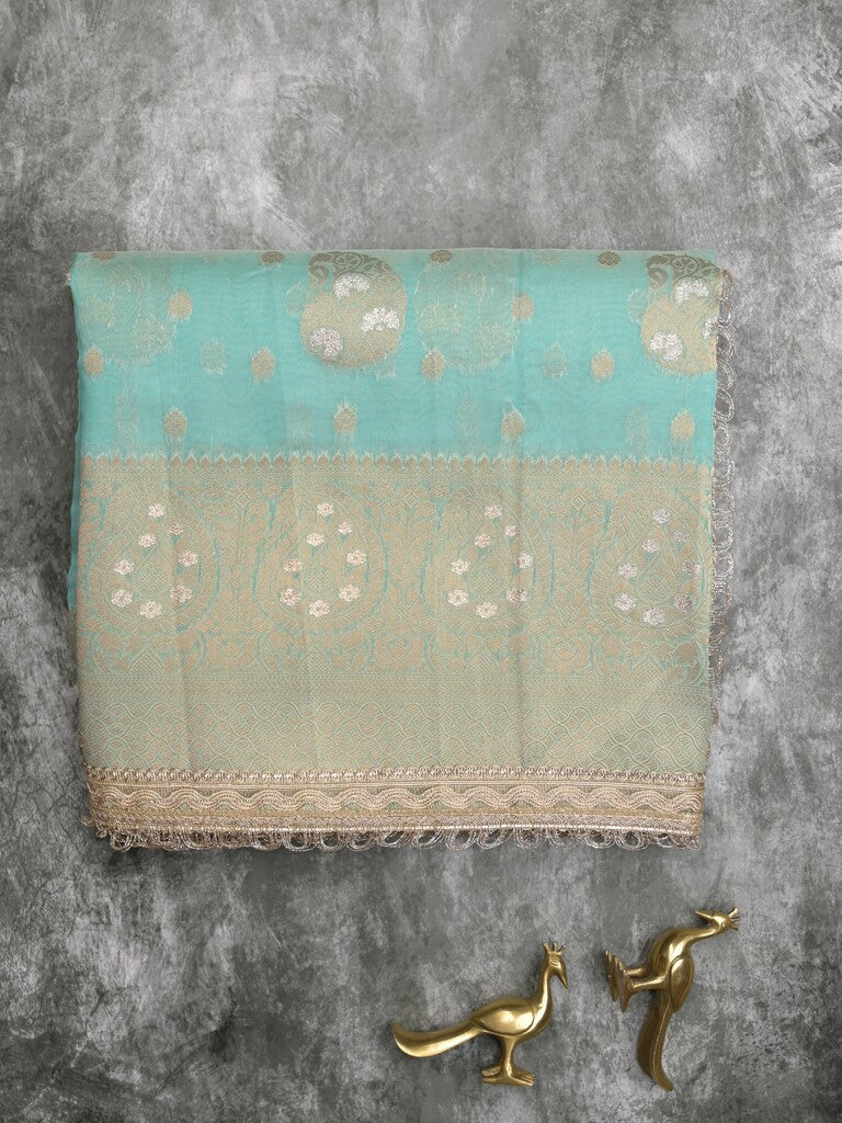 Chanderi kora fancy saree light blue color allover zari motifs & zari embroidery border with zari pallu and plain blouse