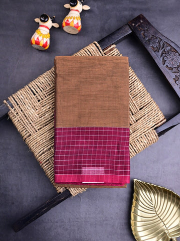 Dhaka cotton saree beige color allover plain & checks border with contrast pallu and attached blouse