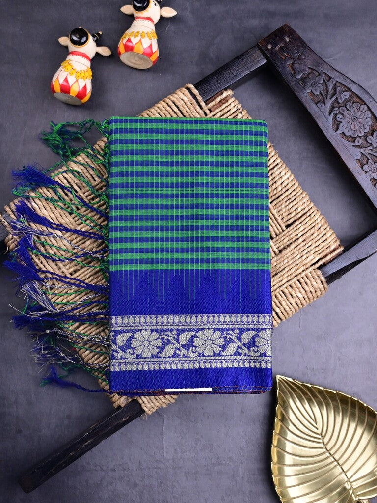 Dhaka cotton sarees peacock green color allover stripes & zari border with contrast pallu