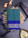 Dhaka cotton sarees peacock green color allover stripes & zari border with contrast pallu