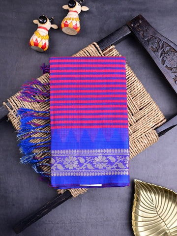 Dhaka cotton sarees purple color allover stripes & zari border with contrast pallu