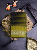 Dhaka cotton sarees olive green color allover stripes & zari border with contrast pallu