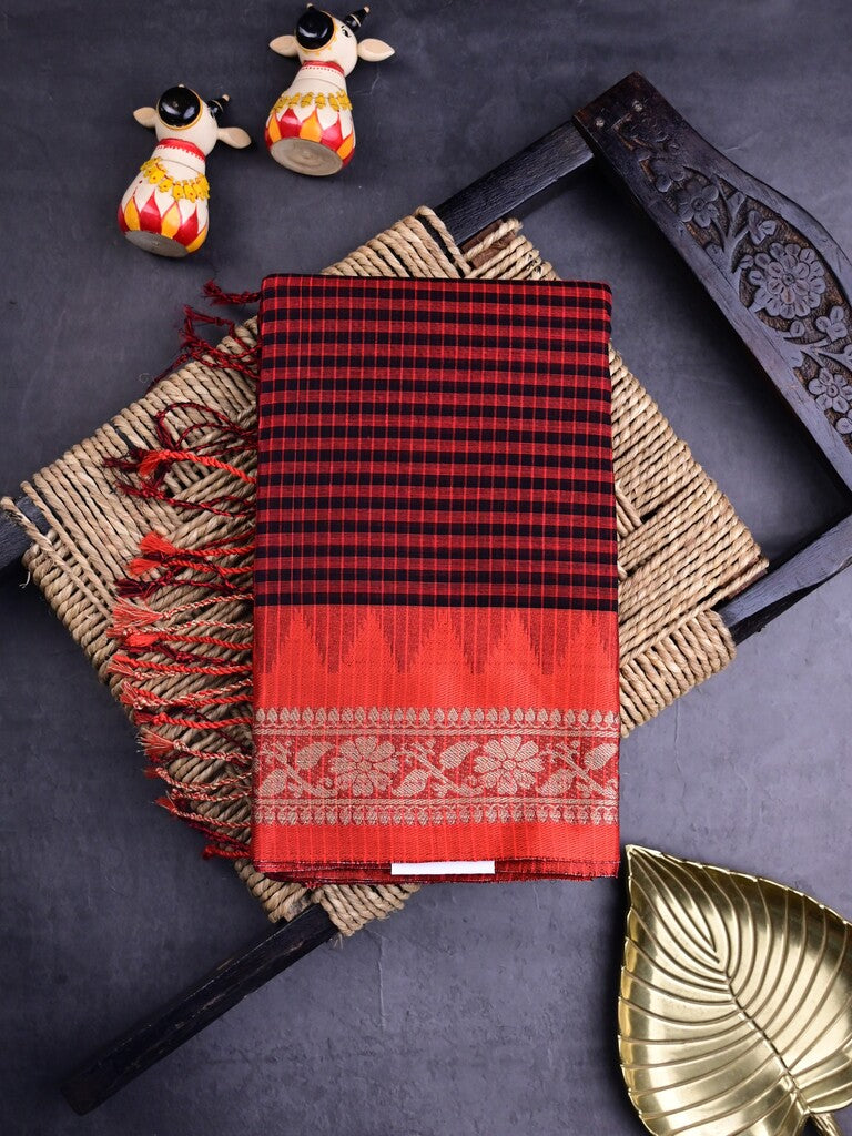 Dhaka cotton sarees red color allover stripes & zari border with contrast pallu