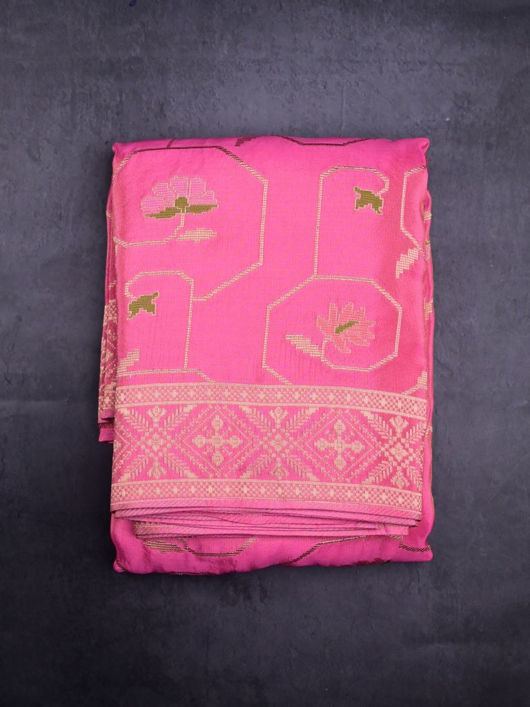 Dola tissue fancy saree pink color allover zari weaves & zari border with rich pallu and plain blouse