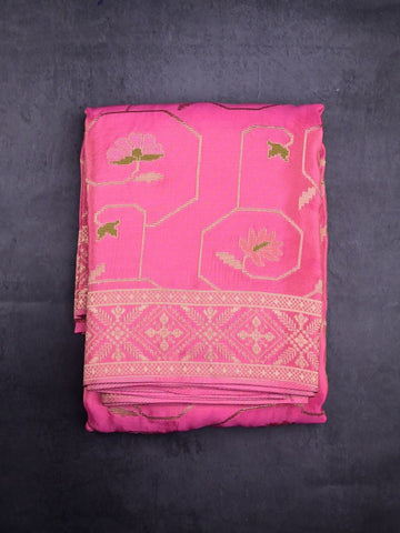 Dola tissue fancy saree pink color allover zari weaves & zari border with rich pallu and plain blouse