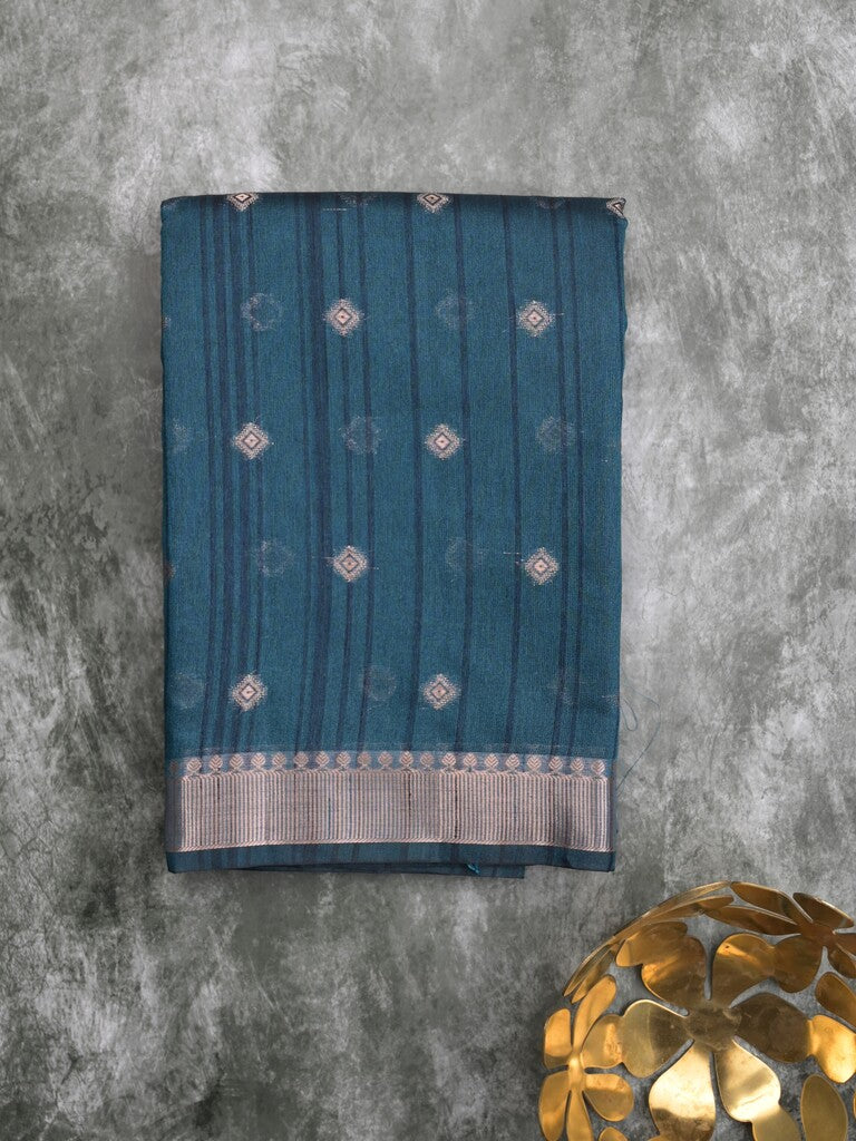 Chanderi fancy saree peacock blue color allover zari motifs & small zari border with zari pallu and plain blouse