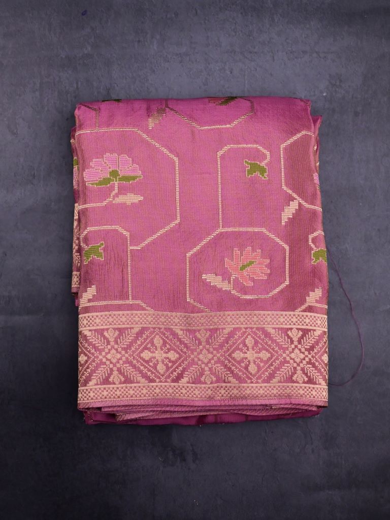 Dola tissue fancy saree light pink color allover zari weaves & zari border with rich pallu and plain blouse