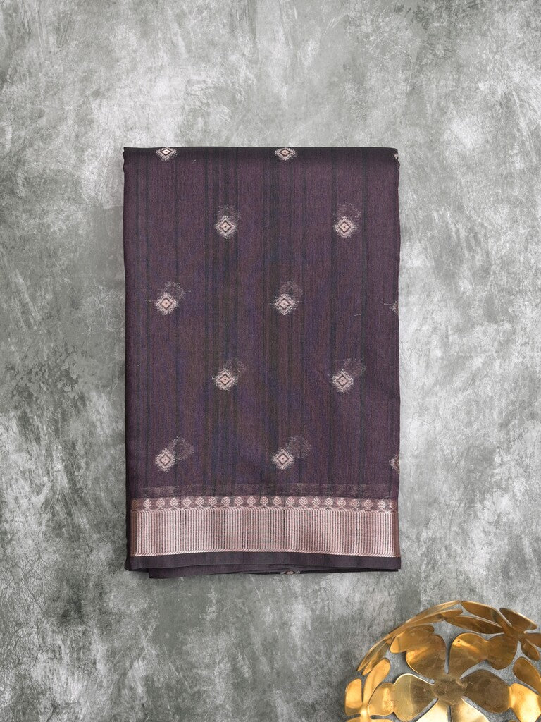 Chanderi fancy saree dark brown color allover zari motifs & small zari border with zari pallu and plain blouse