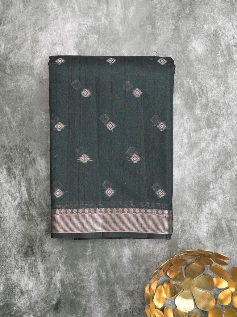 Chanderi fancy saree dark green color allover zari motifs & small zari border with zari pallu and plain blouse
