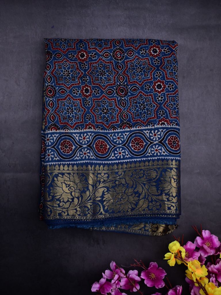 Dola silk fancy saree royal blue color allover digital block prints & zari border with rich pallu and printed blouse