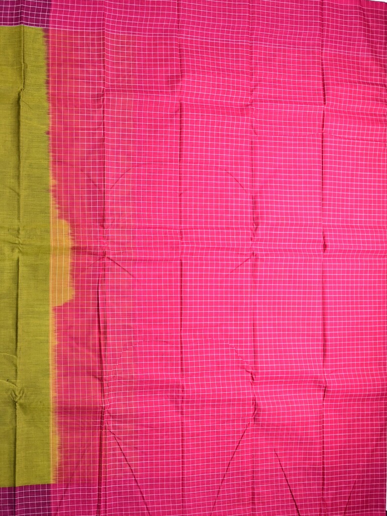 Dhaka cotton saree olive green color allover plain & checks border with contrast pallu and attached blouse