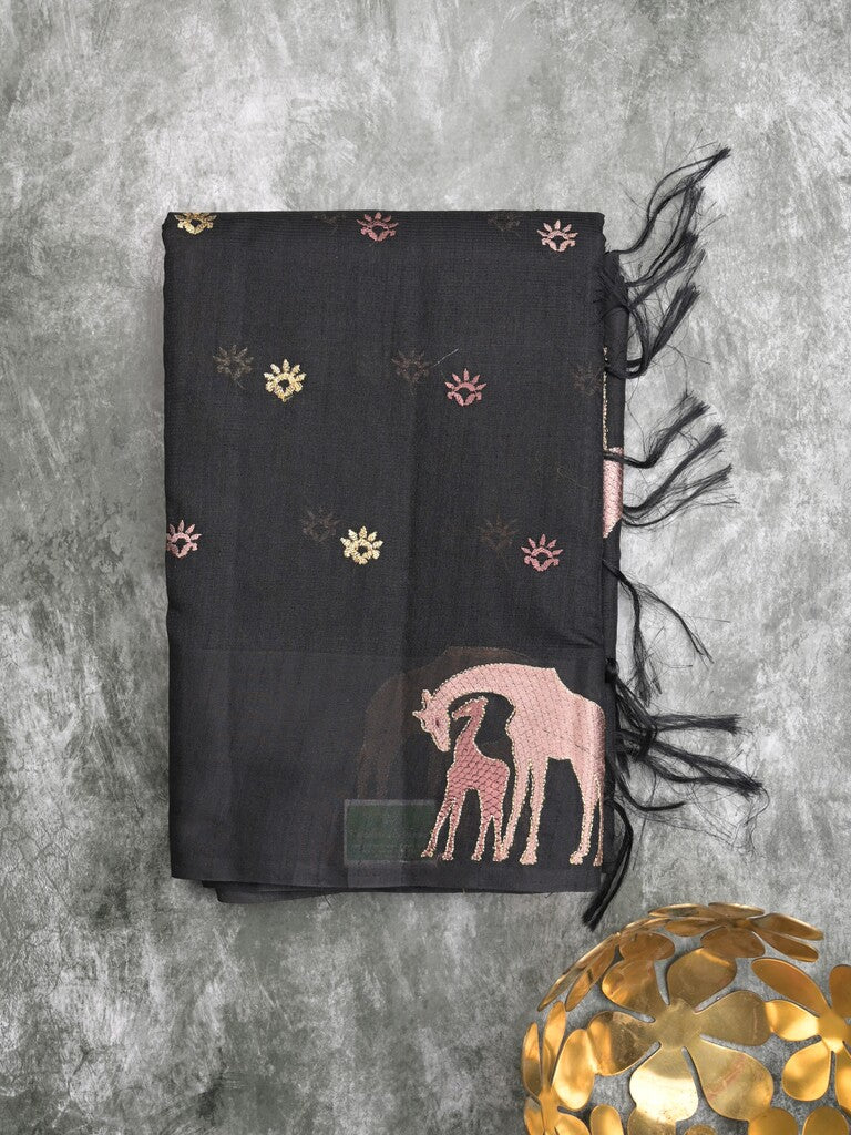 Jute fancy saree black color allover embroidery motifs & small zari border with brocade pallu and brocade blouse