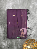 Jute fancy saree purple color allover embroidery motifs & small zari border with brocade pallu and brocade blouse