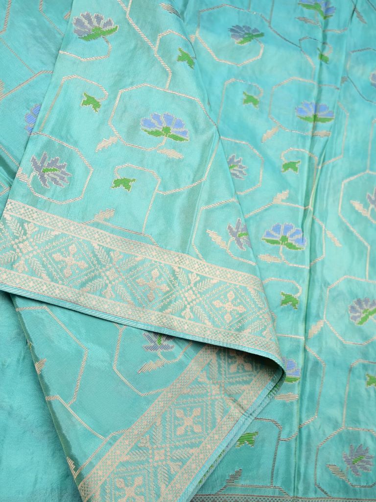 Dola tissue fancy saree lux green color allover zari weaves & zari border with rich pallu and plain blouse