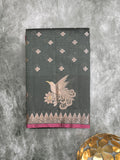 Chanderi fancy saree dark grey color allover zari motifs & small zari border with zari pallu and brocade blouse
