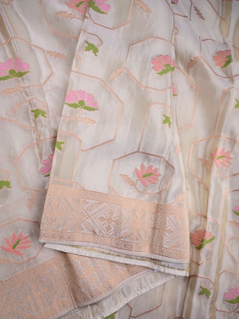 Dola tissue fancy saree cream color allover zari weaves & zari border with rich pallu and plain blouse