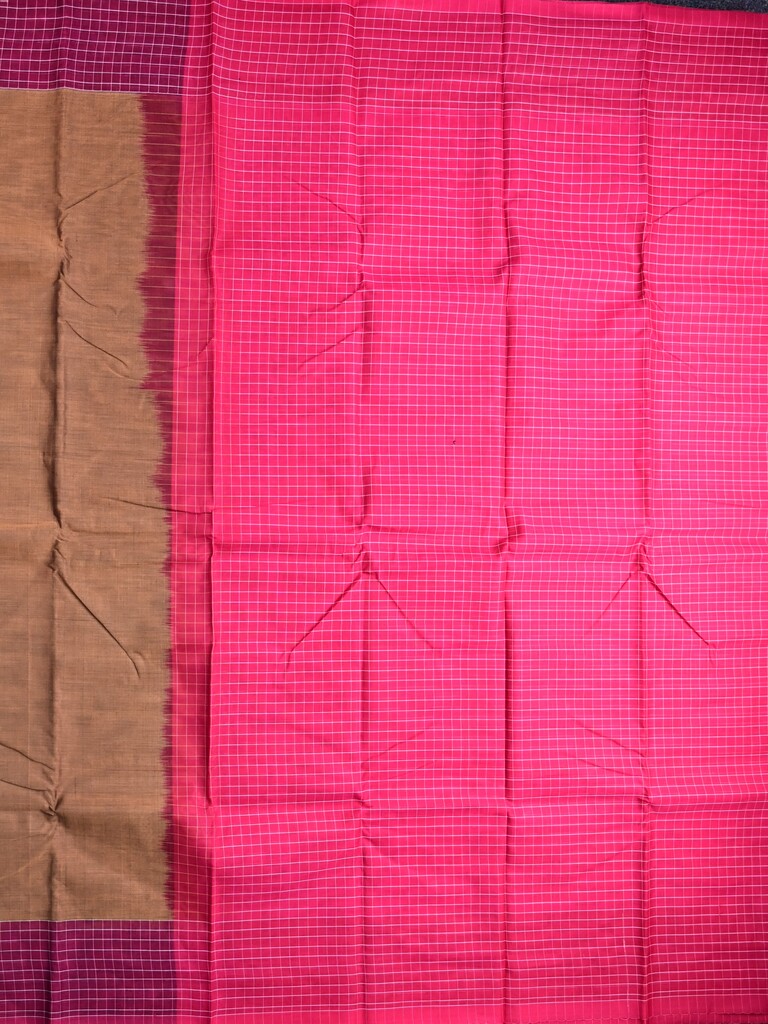 Dhaka cotton saree beige color allover plain & checks border with contrast pallu and attached blouse