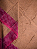 Dhaka cotton saree beige color allover plain & checks border with contrast pallu and attached blouse