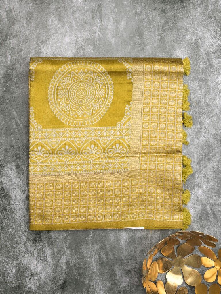 Dupion fancy saree yellow color allover prints & zari border with rich pallu and attached plain blouse