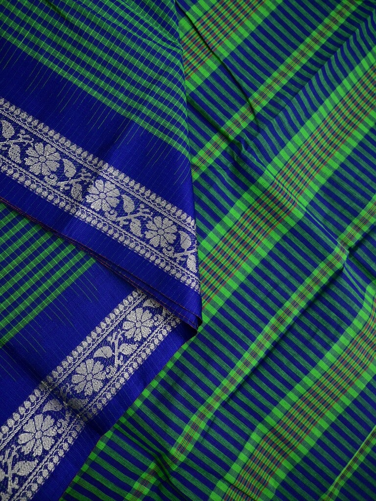 Dhaka cotton sarees peacock green color allover stripes & zari border with contrast pallu