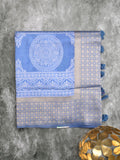 Dupion fancy saree sky blue color allover prints & zari border with rich pallu and attached plain blouse