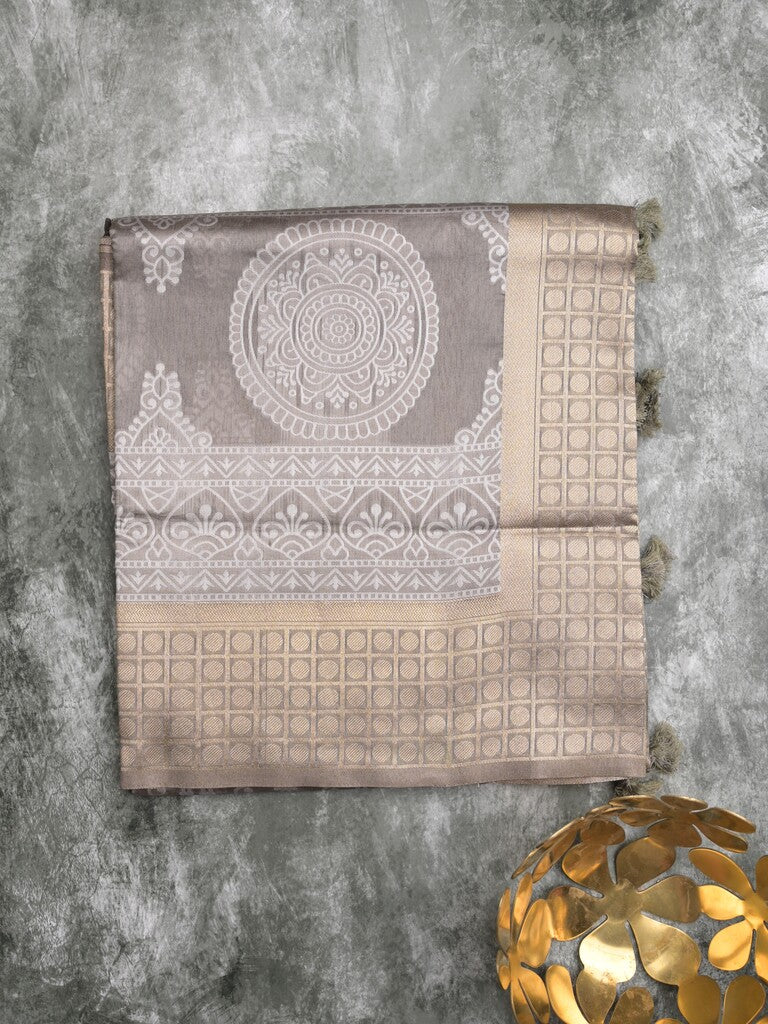Dupion fancy saree grey color allover prints & zari border with rich pallu and attached plain blouse