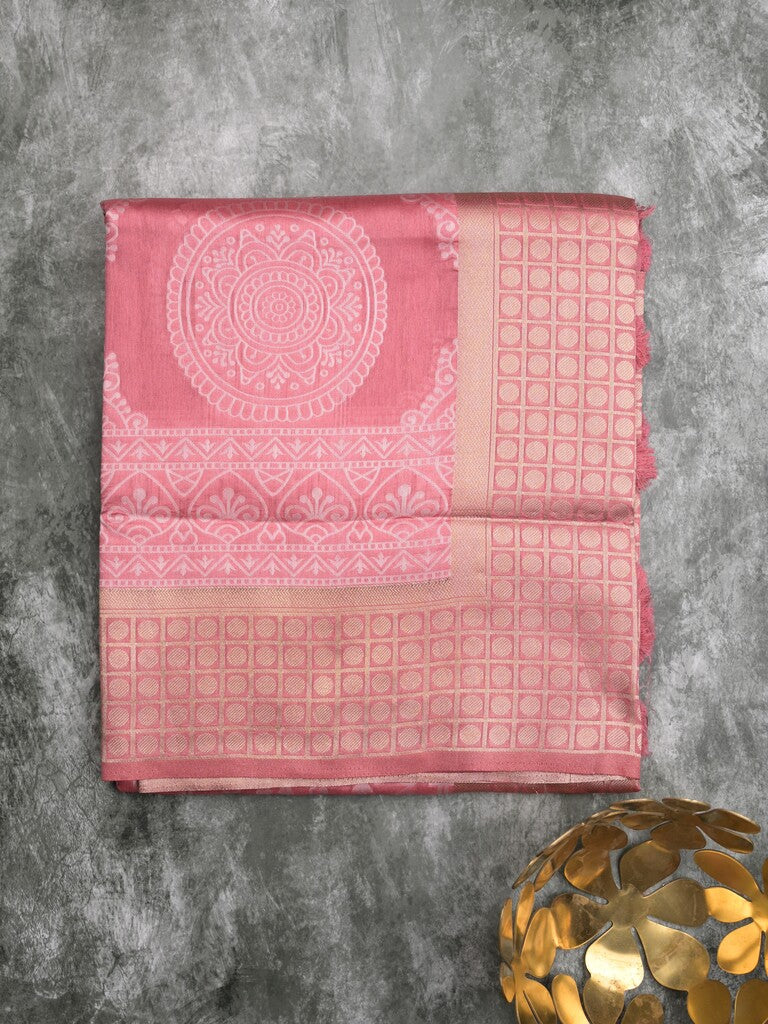Dupion fancy saree light pink color allover prints & zari border with rich pallu and attached plain blouse
