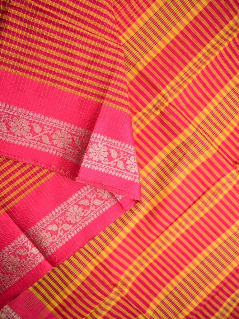 Dhaka cotton sarees orange color allover stripes & zari border with contrast pallu