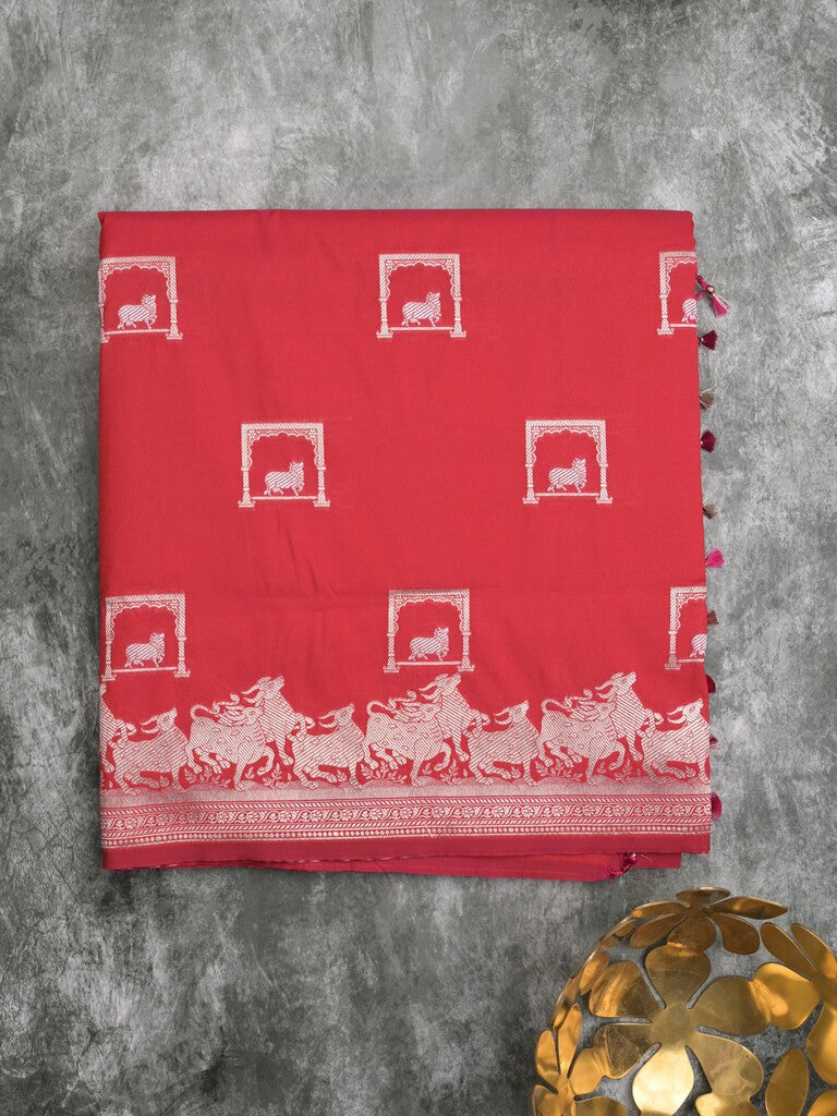 Raw mango fancy saree red color allover zari weaves & zari border with zari border and attached blouse