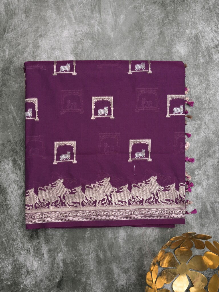 Raw mango fancy saree dark purple color allover zari weaves & zari border with zari border and attached blouse