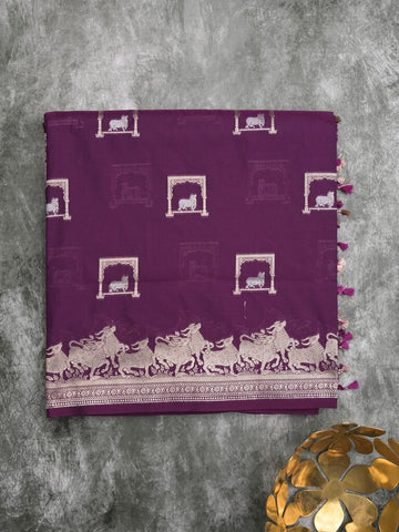 Raw mango fancy saree dark purple color allover zari weaves & zari border with zari border and attached blouse