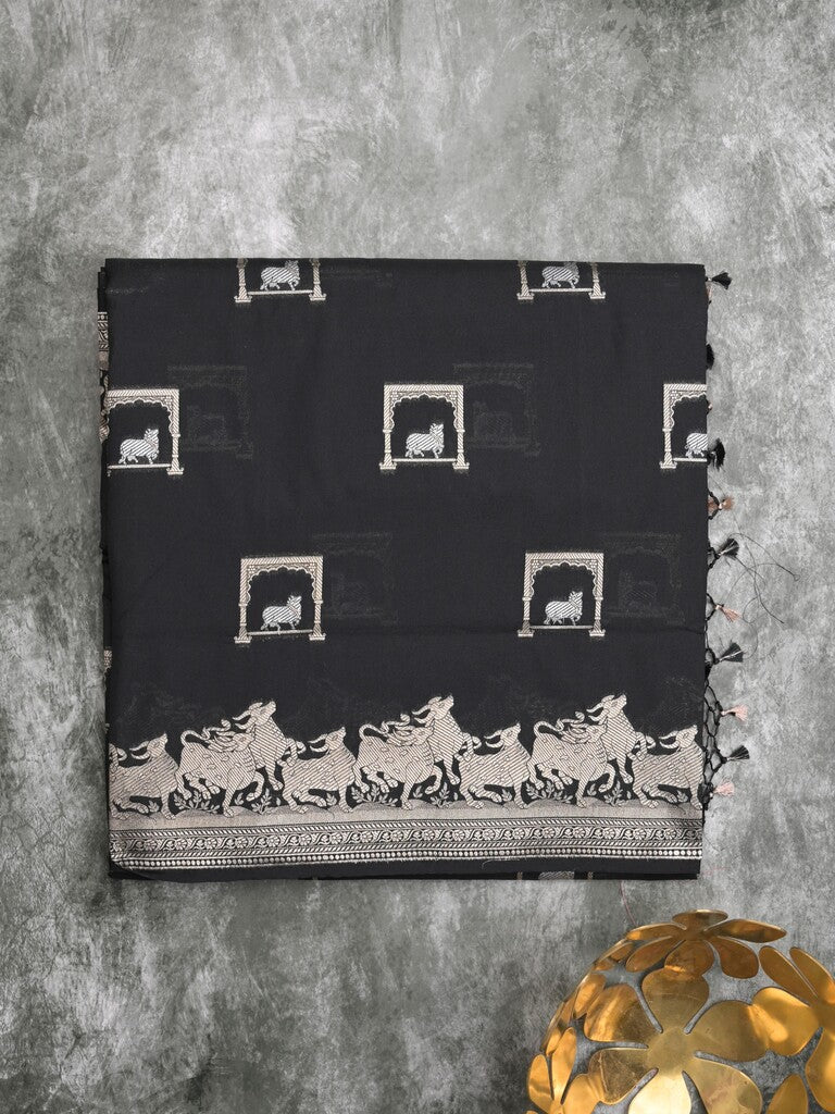 Raw mango fancy saree black color allover zari weaves & zari border with zari border and attached blouse