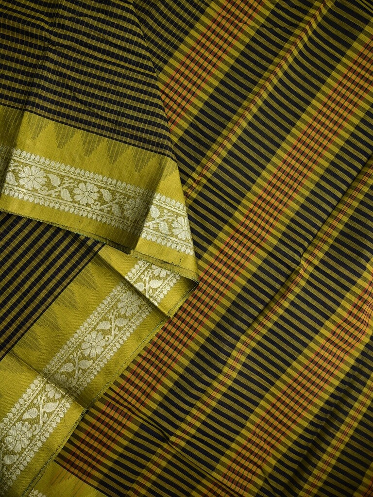 Dhaka cotton sarees olive green color allover stripes & zari border with contrast pallu