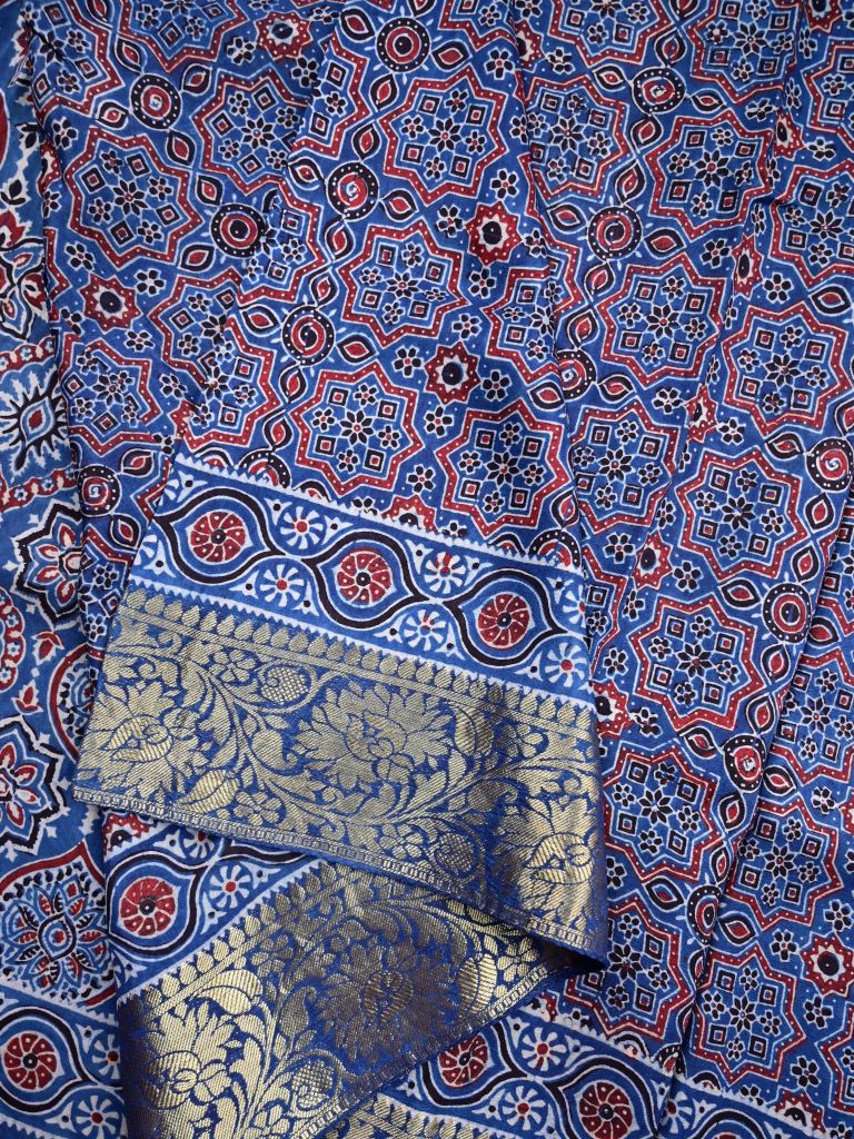 Dola silk fancy saree royal blue color allover digital block prints & zari border with rich pallu and printed blouse