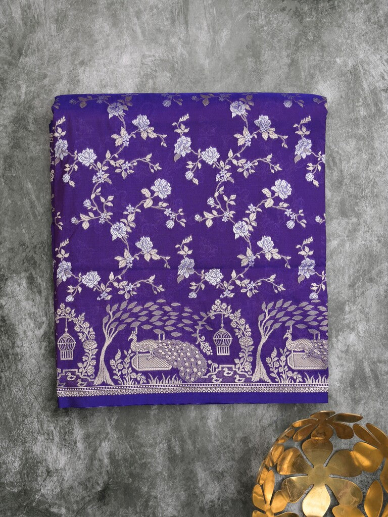 Raw mango fancy saree violet color allover zari weaves & zari border with zari border and attached plain blouse