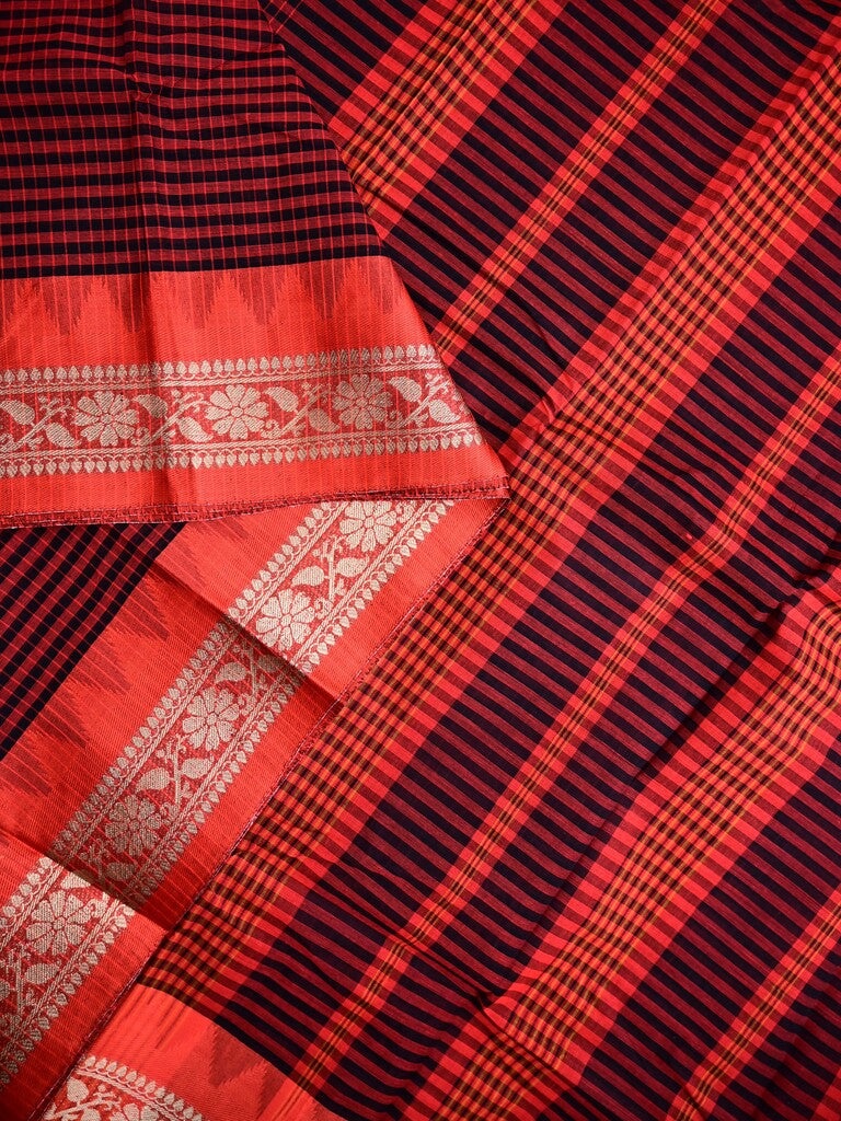 Dhaka cotton sarees red color allover stripes & zari border with contrast pallu