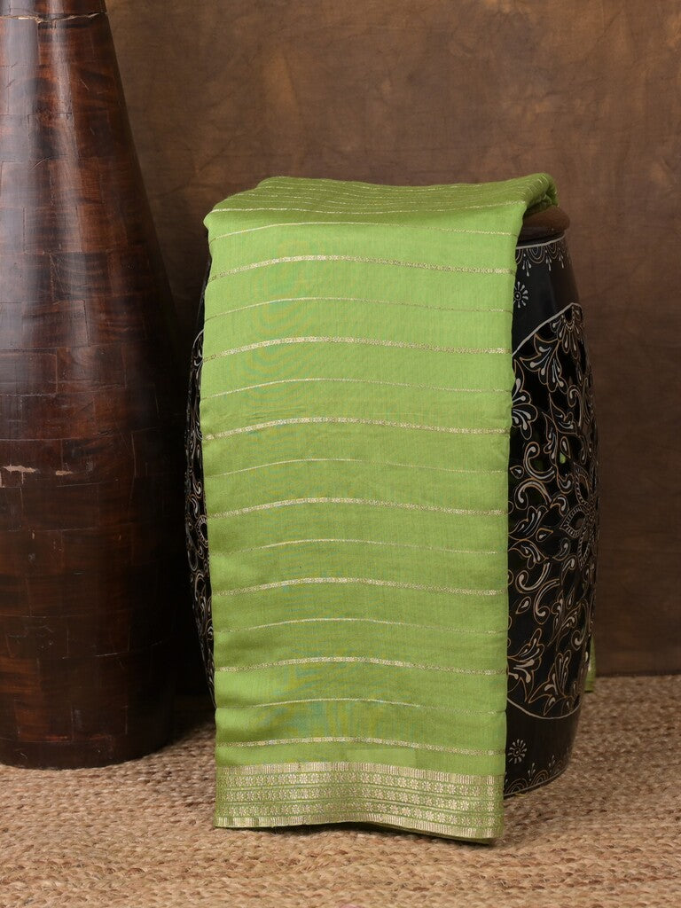 Dola silk fancy saree pista green color allover zari weaves & small kaddi border with short pallu and running blouse