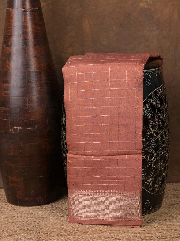 Dola silk fancy saree peach color allover zari weaves & small kaddi border with short pallu and running blouse