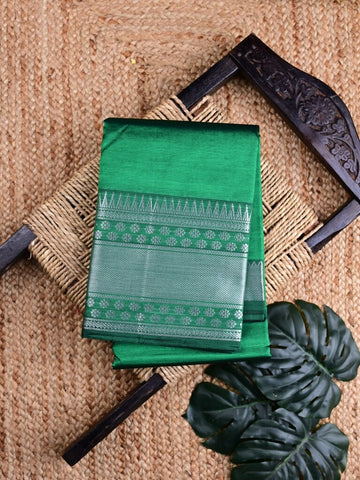 Mangalagiri fancy saree bottle green color allover plain & zari kanchi border with stripes pallu and self blouse