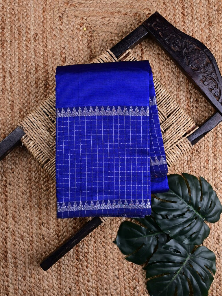 Mangalagiri fancy saree royal blue color allover plain & zari kaddi border with checks pallu and self blouse