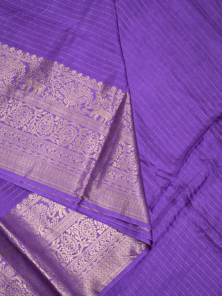 Dola silk fancy saree lavender color allover stripes & zari border with short pallu and attached contrast blouse