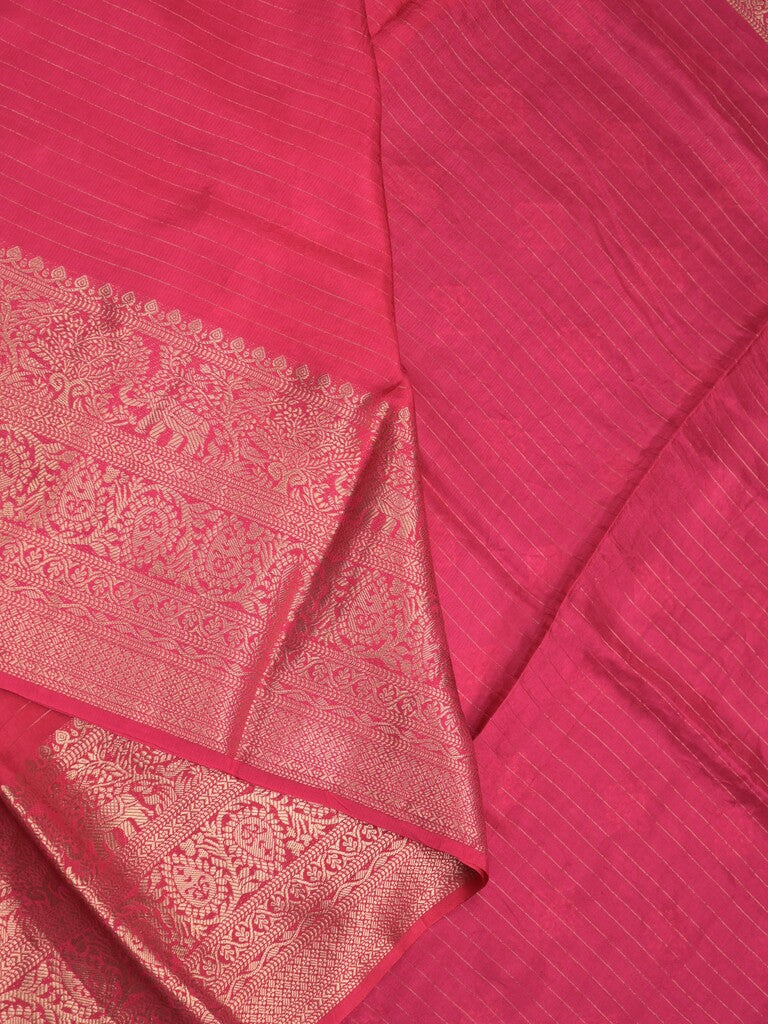Dola silk fancy saree pink color allover stripes & zari border with short pallu and attached contrast blouse