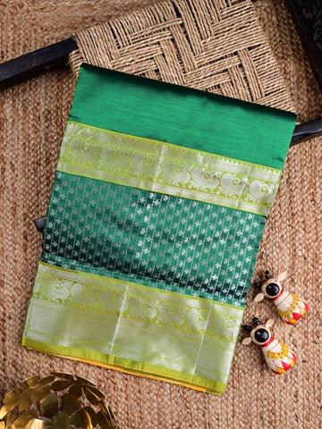 Mangalagiri fancy saree bottle green color allover plain & zari border with stripes pallu and contrast plain blouse